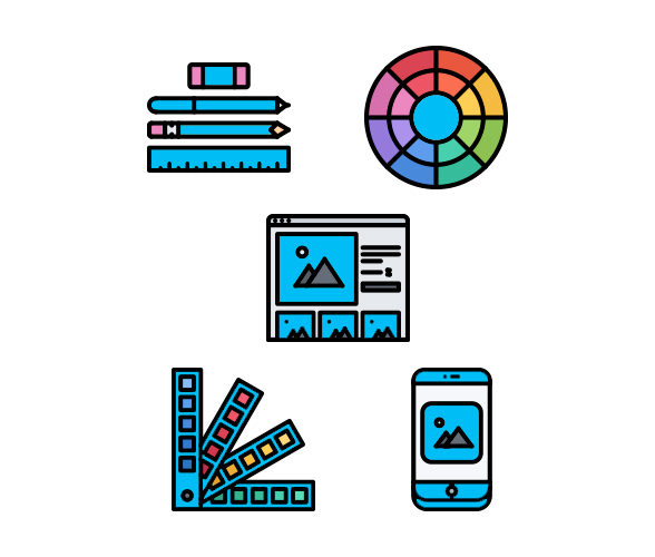 Icons of colour wheel, stationary, website, colour strips and mobile phone