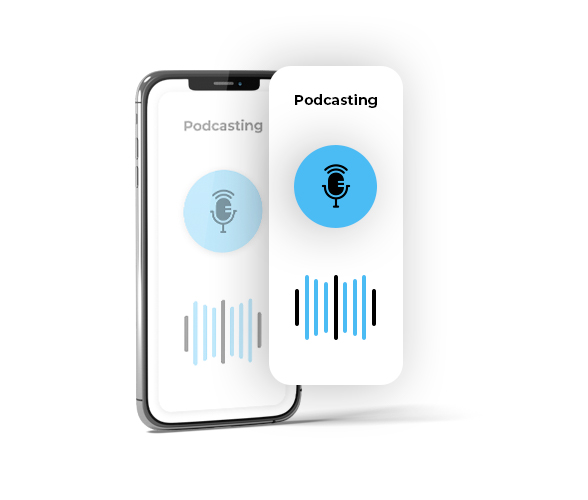 Phone screen with Podcasting on screen with blue microphone logo