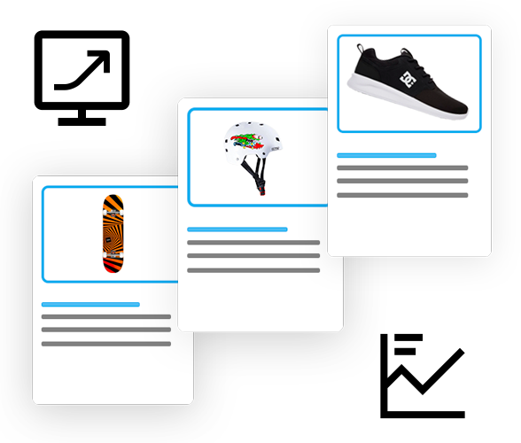 Example of Google shopping advert of skateboard, skateboarding helmet and shoes with graphic of screen and line chart